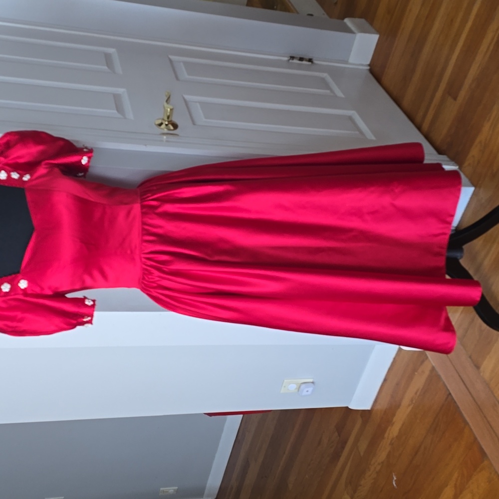 Elegant Red Puff Sleeve Dress - Picture 6 of 7